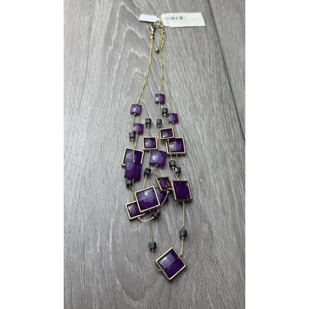Macy's Purple Geometric Statement Necklace Gold Tone Multi Strand Square New